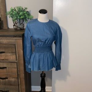 Pearl by Lela Rose Denim peplum puff sleeve  chambray blouse NWOT XS